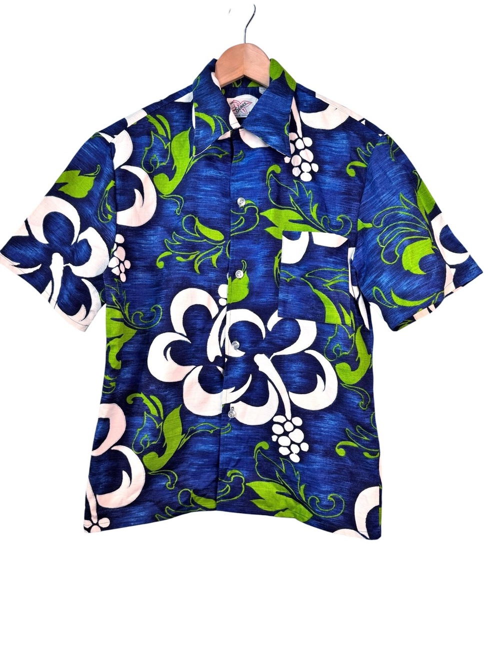 VTG 1960s Sears Hawaii Barkcloth Aloha Shirt Mens Medium Blue Lime Hibiscus Tiki